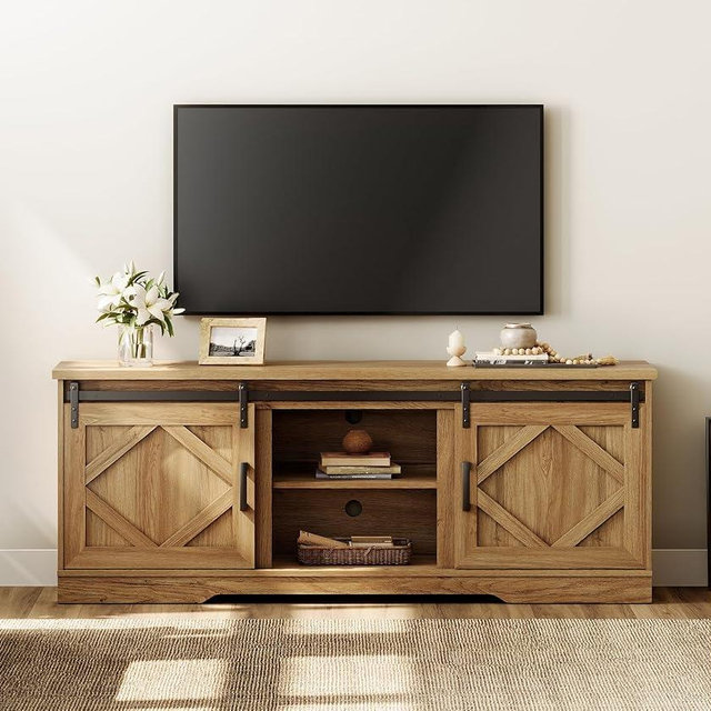 WAMPAT Modern Farmhouse TV Stand for up to 75" TV with Sliding Barn Door, 25.6" H Wood Entertainment Center with Adjustable Media Storage Shelf for Living Room, Light Walnut