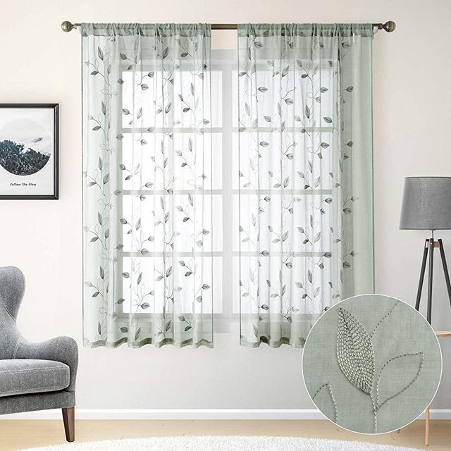 HOMEIDEAS Sage Green Sheer Curtains 52 X 63 Inches Length 2 Panels Embroidered Leaf Pattern Pocket Faux Linen Floral Semi Sheer Voile Window Curtains/Drapes for Bedroom Living Room