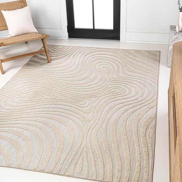 JONATHAN Y SCN103D-5 Maribo High-Low Abstract Groovy Striped Beige/Cream 5 ft. x 8 ft. Indoor/Outdoor Area Rug for Patio, Backyard, Living Room, Bedroom, Office, Hose-Washable