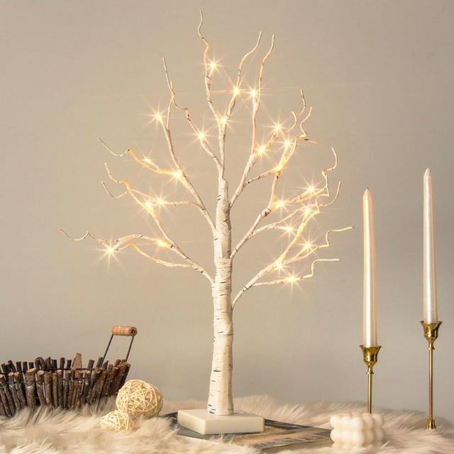 Vanthylit Lighted Tree Christmas Decorations Indoor, White Birch Tree with LED Lights Battery Powered Timer, Tabletop Tree Winter Decor, Light Up Tree Mantle Christmas Decor (2FT, Warm White)