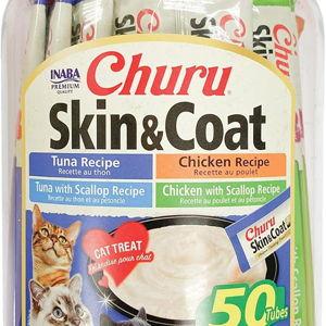 INABA Churu for Skin & Coat, Lickable, Squeezable Cat Treat with Omega Oils, Taurine and Vitamin E, 0.5 Ounces Each Tube, 50 Tubes, Skin & Coat Variety