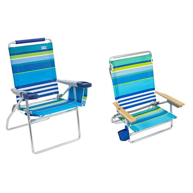 Rio Beach 17" Extended Height 4 Position Folding Beach Chair & Rio Beach Classic 5 Position Lay Flat Folding Beach Chair - Aluminum, Cool Blue Stripes