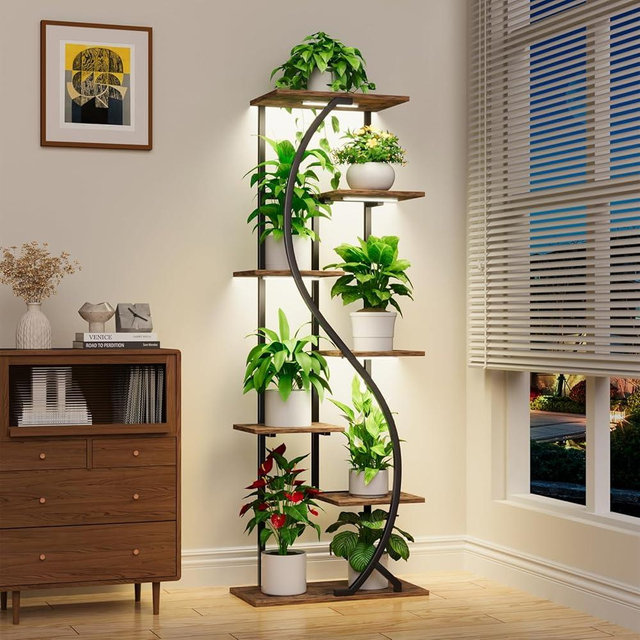 MJOMKN 59" Tall Plant Stand with Grow Light Indoor, 7 Tiered Metal Plant Shelf, S-Shaped Flower Display Stand, Corner Storage Shelf for Living Room, Patio, Balcony Decor