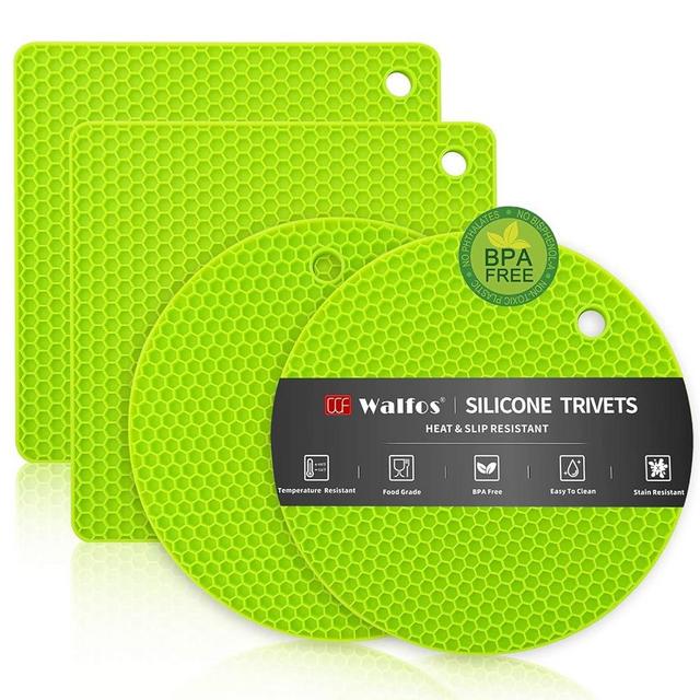 Walfos Silicone Trivet Mats - 4 Heat Resistant Pot Holders, Multipurpose Non-Slip Hot Pads for Kitchen Potholders, Hot Dishers, Jar Opener, Spoon Holder, Food Grade Silicone & BPA Free (Green)
