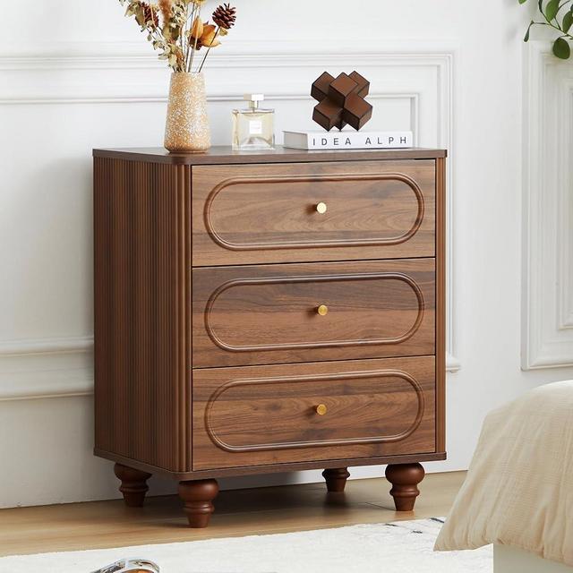 ORRD 3 Drawer Fluted Dresser for Bedroom, Mid Century Modern Chest of Drawers, Wood Storage Small Dresser Organizer for Bedroom Living Room Hallway Closet, Walnut