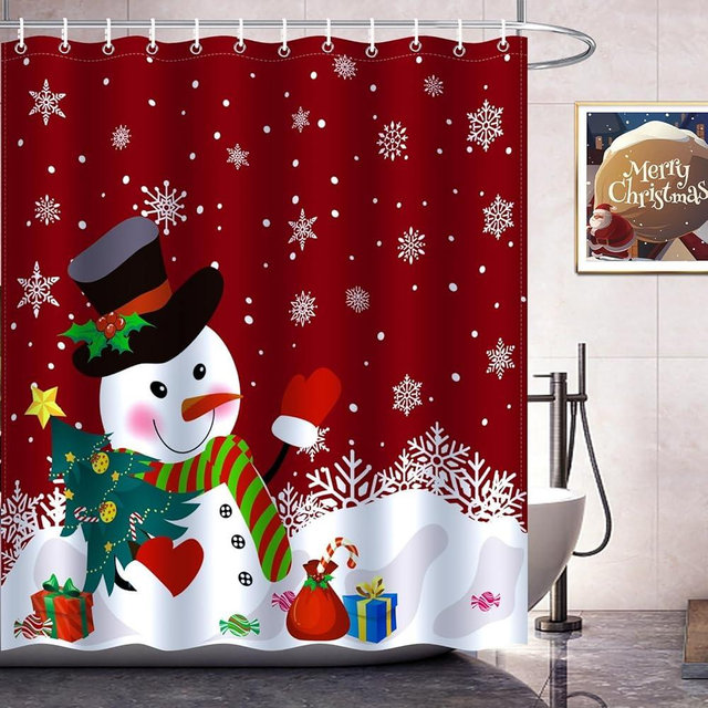 BOARDFEB Christmas Shower Curtain, Red Winter Xmas Tree Snowman Merry Christmas Shower Curtains for Bathroom Decor Washable Durable Fabric Holiday New Year Shower Curtain with Hooks 72x72 Inch