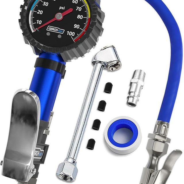 Tire Inflator with Pressure Gauge and Longer Hose - Most Accurate, Heavy Duty Air Chuck with Gauge for Air Compressor Tire Inflator Attachment - 100PSI