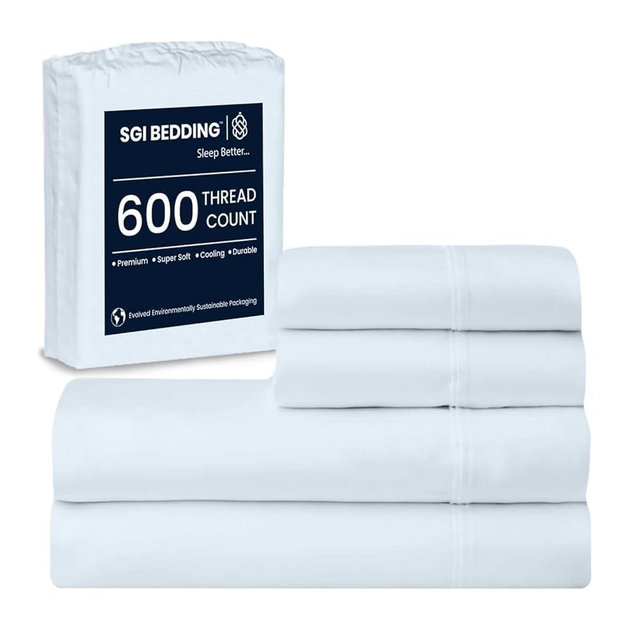 SGI bedding 600 Thread Count 100% Egyptian Cotton Queen Sheet Set Light Blue – Luxury 4-Piece Super Soft Bed Sheets, Breathable Hotel-Quality Bedding, 16” Deep Fitted, Cooling, Durable & Non-Pilling