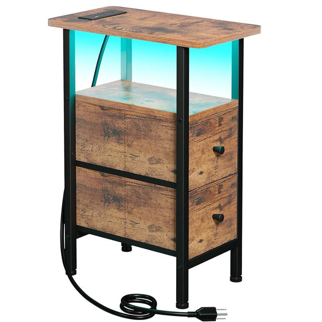 LOAKEKEL Narrow End Table Living Room with Charging Station, Skinny Side Table with Fabric Drawers, Slim LED Nightstand for Bedroom, Small Spaces, Couch, Rustic Brown, HETNDP02LPBR-1