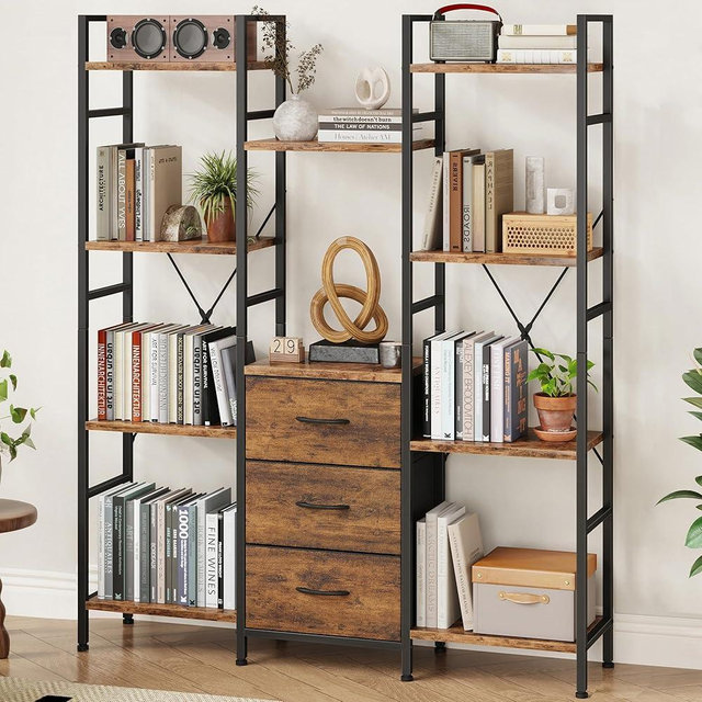AFLUI Triple Bookshelf with 3 Fabric Drawers, 4-Tier Book Shelf and 10 Display Shelves, Industrial Large Bookcase for Home & Office, Rustic Brown, 47'' Wide