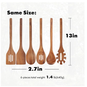 Acacia Wood Utensils Set - 6 Piece Handmade Wooden Spoons for Cooking, Natural Acacia Wood Kitchen Utensils for Non-stick Cookware, Turner, Serving Spoon, Slotted Spoon, Soup Ladle, Spaghetti