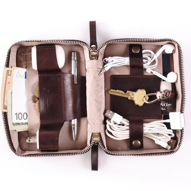 Handmade Buffalo Leather Carryall Tech Kit - Walnut / Walnut