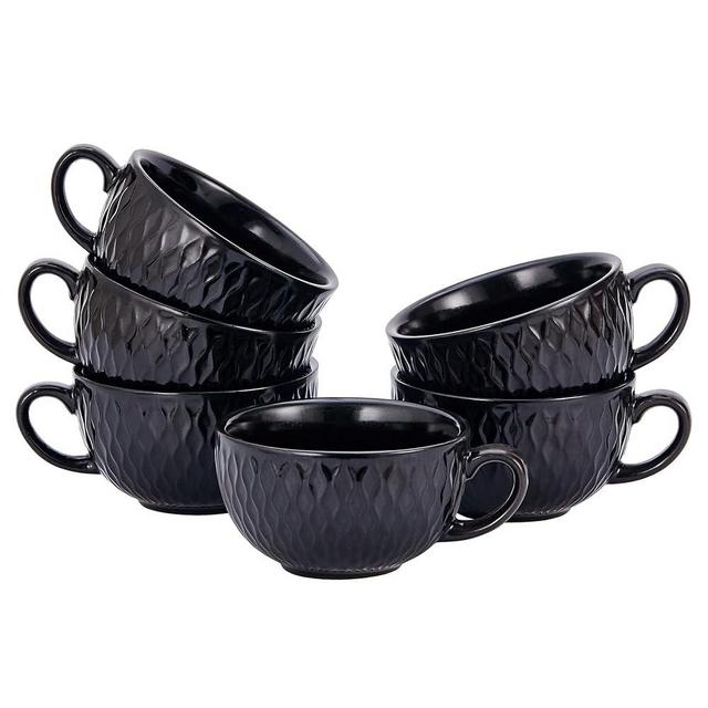 Coffeezone Set of 6 Cups Vintage Design 12 oz Professional Barista Ceramic Latte Art Cappuccino Cups Set (Embossed Black * 6)