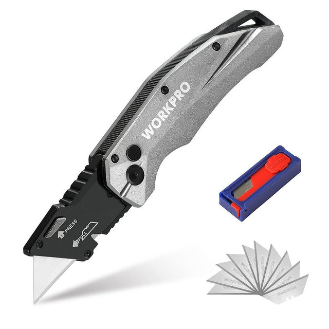 WORKPRO Folding Utility Knife, Heavy Duty Metal, Quick Open Botton Lock Box Cutter, Quick Change Blade Razor Knife, 1PC with 10 Extra SK5 Blades