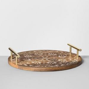 Round Mango Wood Embellished Serving Tray with Handles 14" Brown/Gold - Opalhouse™