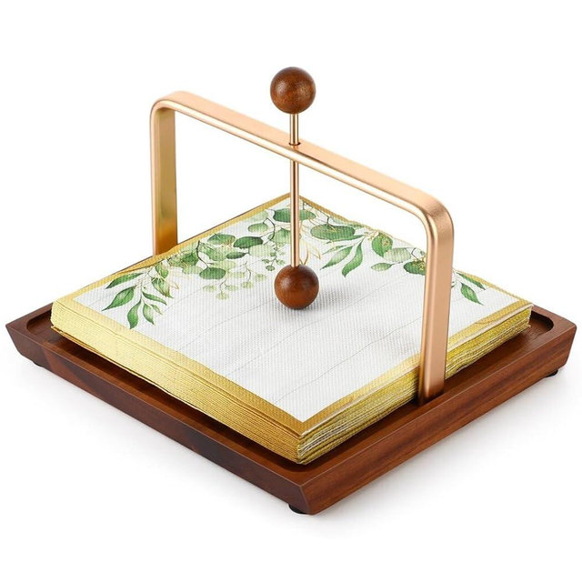 Homaisson Wood Napkin Holder for Table, Square Napkin Dispenser for Cafe Restaurant, Wooden Flat Napkin Holder with Weighted Arm and Handle for Hotel, Cafe, Bar, Kitchen