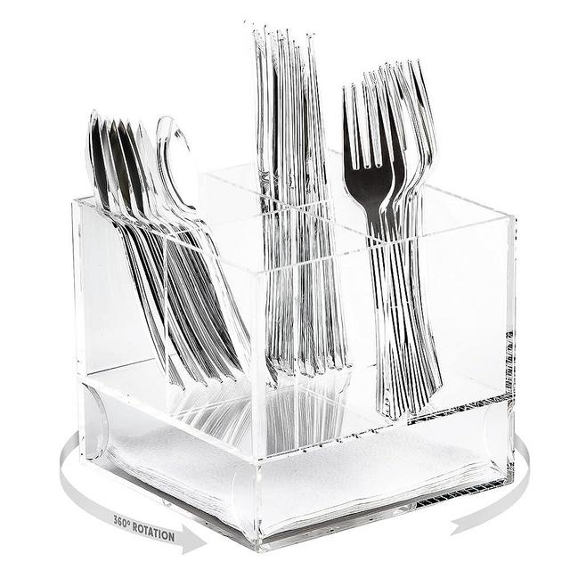 ELTOW Acrylic Swivel Silverware Caddy - Stylish Kitchen Table Organizer for Flatware, Cutlery, Arts, Cosmetic, Party with Napkin Holder - Made with Clear Lucite, Divided Storage Pantry Basket for Forks, Knives, Spoons, etc.