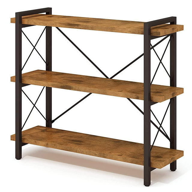 Bookshelf Horizontal 3 Tier Open Bookcase,Rustic Farmhouse Book Shelves, Industrial Wood and Black Metal Bookshelves,Mid Century Three Shelf Bookcase for Home Office Living Room Bedroom,35"W 35"H 12"D
