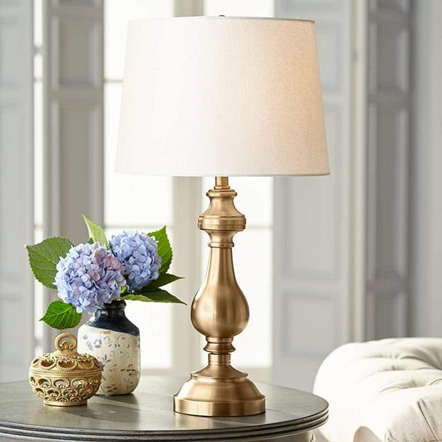 Traditional Style Table Lamp Antique Brass Gold Metal Candlestick White Tan Fabric Drum Shade Decor for Living Room Bedroom House Bedside Nightstand Home Office Entryway Family - Regency Hill