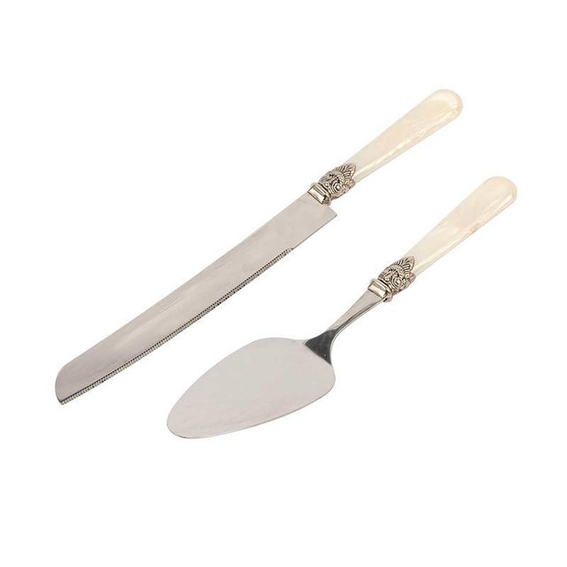 CATHYLIN Wedding Cake Knife and Serve Set, Fancy Hand Craft Italian Style Design, Pearl Pie Knife Server Set, Vintage Silverware,Cake Cutter Set, Cake Knife Gift Set, 2 pcs (champagne)