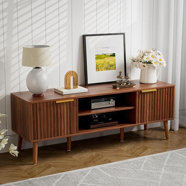 TV Stand for Living Room, Mid Century Modern Entertainment Center for 55/60/65 inch TV, TV & Media Consol with Fluted Door Cabinets and Open Shelves, for Bedroom, Classical Walnut