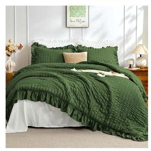 JOLLYVOGUE Dark Green Queen Comforter Set, 3 Pieces Seersucker Comforters Queen Size, Lightweight & Fluffy Bedding Sets Queen for All Season with 1 Ruffle Comforter and 2 Ruffle Pillowshams