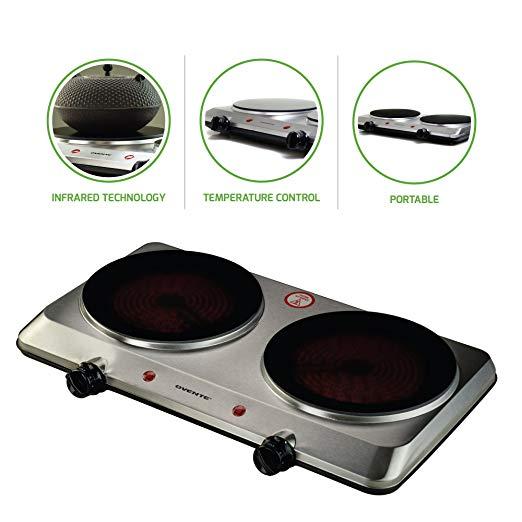 Ovente Countertop Infrared Burner – 1500 Watts – Ceramic Double Plate Cooktop with Temperature Control, Non-Slip Feet – Indoor/Outdoor Portable Electric Stove – Brushed Stainless Steel (BGI202S)