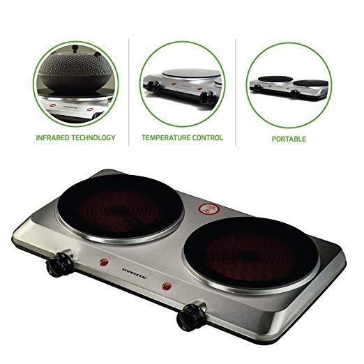 Ovente Countertop Infrared Burner 1500 Watts Ceramic Double Plate Cooktop