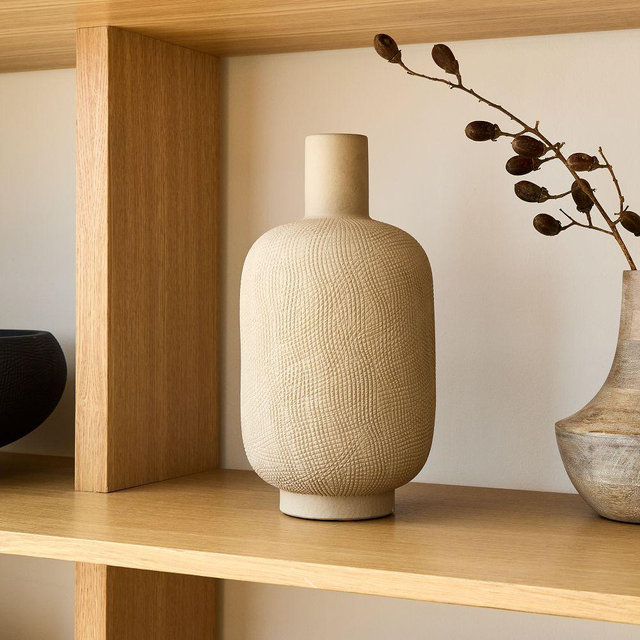 Combed Ceramic Vase, Natural, 15.5 Inches