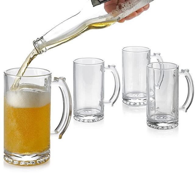 Classic Simple Beer Mug Set, Beer Mugs with Handles, Glass Beer Steins, Freezable Beer Glasses, Beer Mug Set of 4 - 15 Ounces