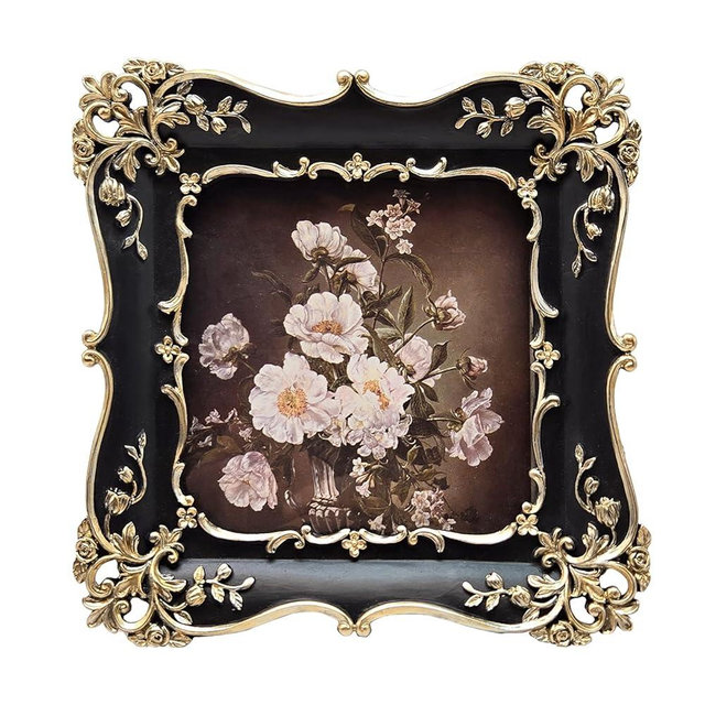 BILXIM 4x4 Small Vintage Picture Frame, Antique Black and Gold Ornate Square Photo Frame, Wall Hanging or Tabletop Display, Decorative Floral Design Retro Home Decor, Photo Gallery Art