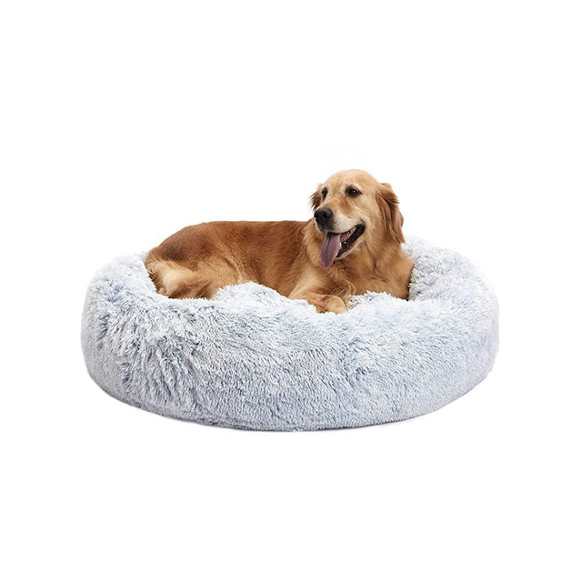 Bedfolks Calming Donut Dog Bed, 36 Inches Round Fluffy Dog Beds for Large Dogs, Anti-Anxiety Plush Dog Bed, Machine Washable Pet Bed (Light Blue, Large)