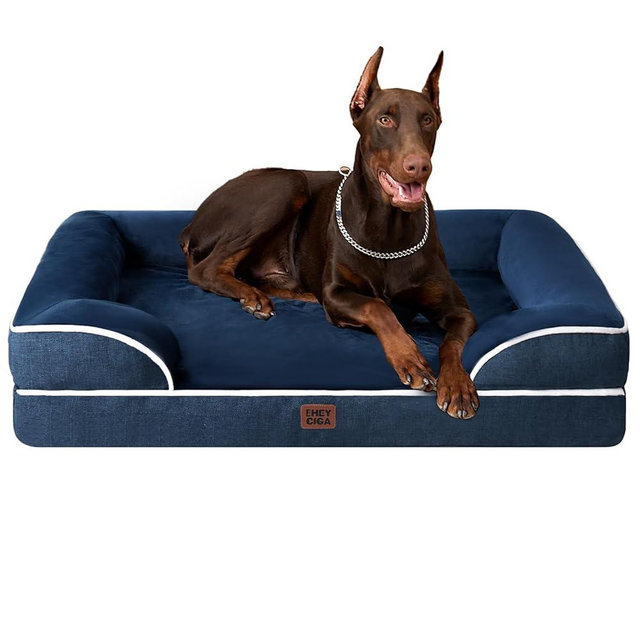 EHEYCIGA Orthopedic Dog Beds for Extra Large Dogs, Waterproof Memory Foam XXL Dog Bed with Sides, Non-Slip Bottom and Egg-Crate Foam Big Pet Couch Bed with Washable Removable Cover, Navy