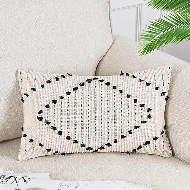 OJIA Farmhouse Diamond Black and Cream Throw Pillow Cover, Decorative Tribal Woven Tufted Pillow Cushion Case Geometric Accent Pillowcase Neutral Collection for Sofa Chair Couch Bed (12 x 20 inch)