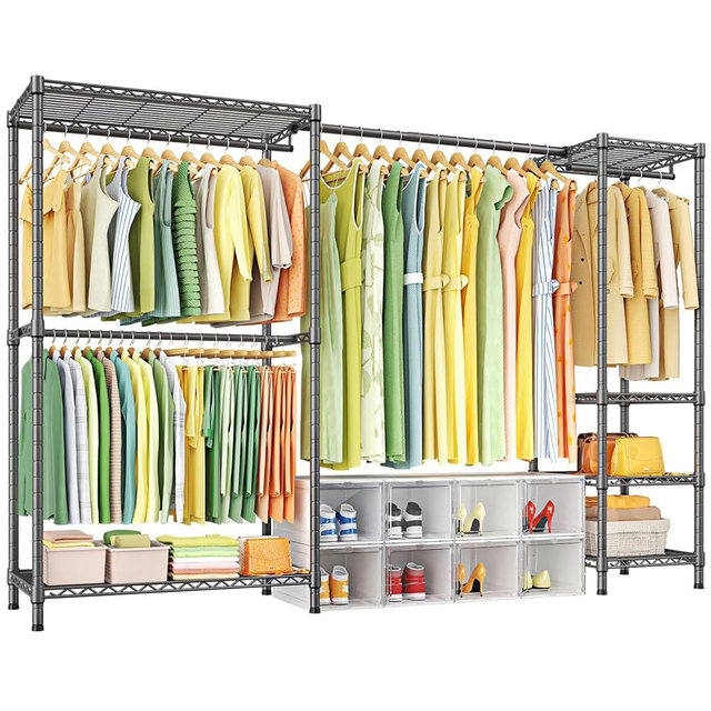 Ulif E10 Clothes Rack（With Stretchable Hanger Rod）Freestanding Clothing Racks for Hanging Clothes，Adjustable Closet Organizer System，Portable Garment Rack 73-97" W x 15" D x 72" H，Max Load 800LBS，Grey