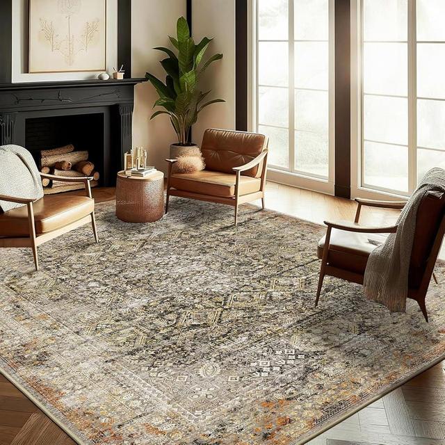 CHAMPLANT Area Rug 9'x12' Washable Vintage Traditional Mat Distressed Indoor Foldable Thin Retro Accent Floral Print Non Slip Carpet for Living Room Dining Room Office Large Rugs