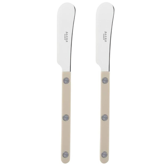 Sabre Paris - Set of 2 Spreader Knives 5.5 inches - Bistrot Collection - Perfect for Butter, Tapenades, Spreads - Stainless Steel & Nylon - Dishwasher Safe - Light Kaki - Brilliant Finish