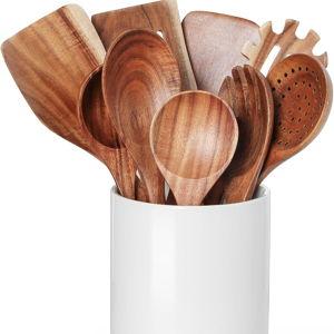 Nucookery Wooden Cooking Utensils Set with Holder, Nonstick Wooden Spoons for Cooking Spatula Set 10 Pcs, Teak Wood Kitchen Utensils Set, Ceramic Utensils Holder for Countertop, White