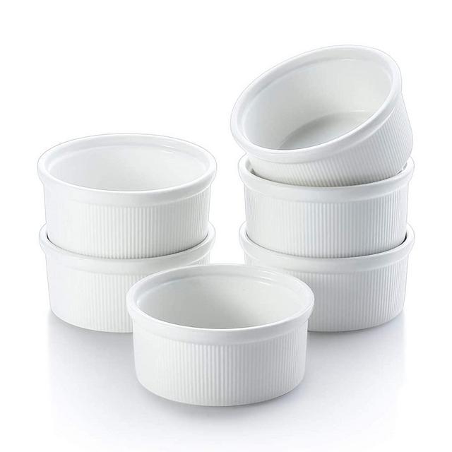 CONNYAM 6 OZ Ramekin Bowls Oven Safe, 6PCS Premium Bone China Ramekins Cooking & Baking Bakeware Set for Souffle Dish, Creme Brulee, Custard, Pudding Cups (White)