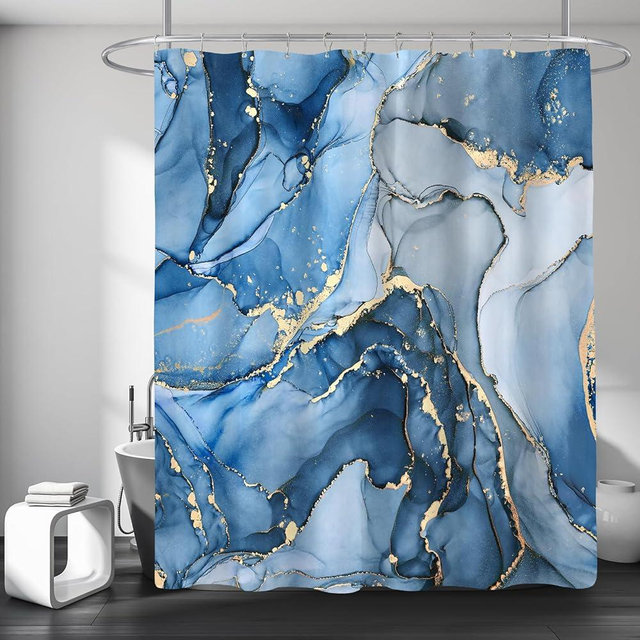 BayNook Blue Marble Shower Curtain, Modern Abstract Fabric Shower Curtain for Bathroom, Luxury Art Decor Blue Gold Ink Texture Watercolor Shower Curtain Set with Hooks 72x72