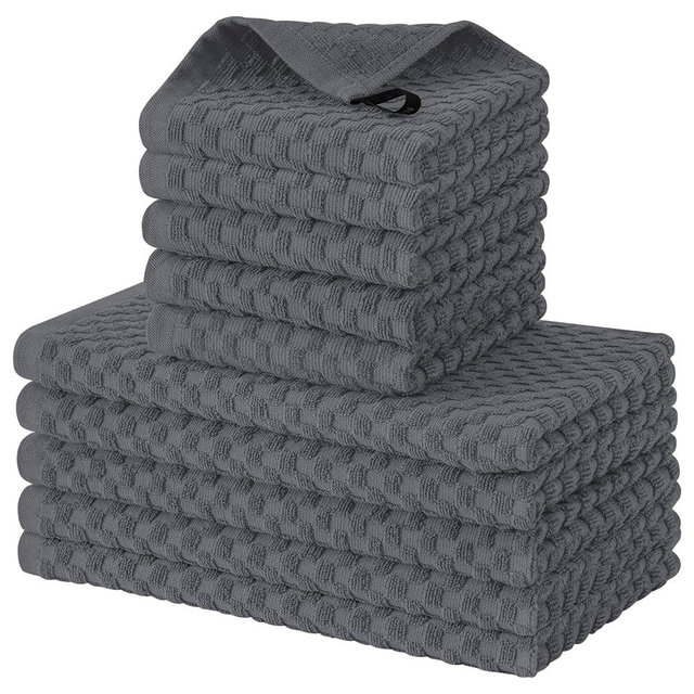 Fintale 100% Cotton Kitchen Towels and Dishcloths Set, 12 x 12 & 15 x 25 Inches, Set of 10 Bulk Super Soft and Absorbent Terry Cloth Dish Towels, Quick Drying Hand Towels with Hanging Loop, Dark Grey
