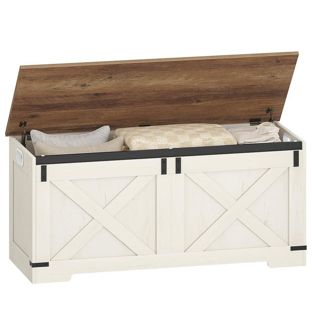 Hzuaneri 42.9" Storage Chest, Large Storage Trunk with 2 Hinges, Farmhouse Wooden Box Bench, Lift-Top Organizer Chest, Entryway Trunk for Bedroom, Living Room, White and Brown SB10914X