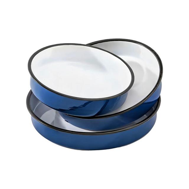 3-Piece Roasting Pans Round Roaster Pan Blue Baking Pans Set 10/12.6/14inch Enamel Roasting Pan For Ovens,Roast Chicken, Beef,Cake Pans,Easy to Clean High Temperature Resistant Bake Ware Gift