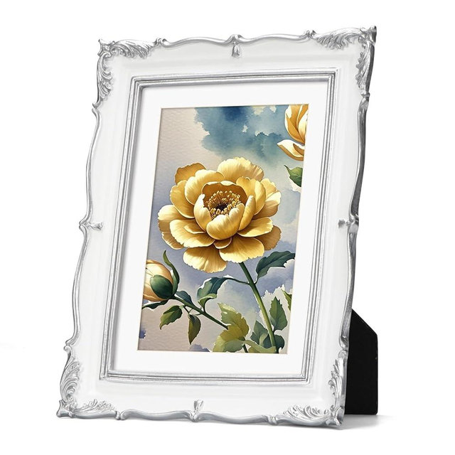 Wtrgas 5x7 White Silver Vintage Picture Frame, 5 by 7 Resin Frame with Mat for 4x6 Photo, Retro Photo Frame Desktop or Wall, Horizontal or Vertical