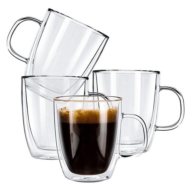 Yuncang [4-Pack,12 Oz] Glass Coffee Mugs 350 ml,Double Wall Insulated Clear Glass Mugs Cups ,Cappuccino Cups Perfect for Americano,Latte,Beverage,Cappuccinos,Espresso Cups