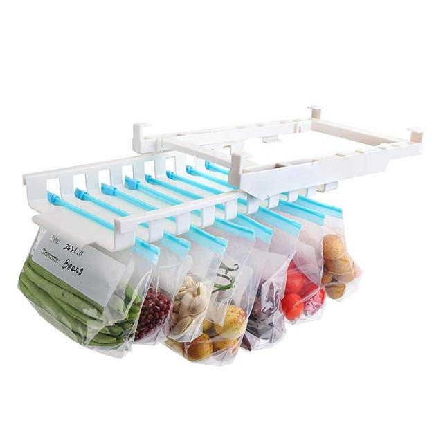 Auoukat Retractable Refrigerator Storage Rack, 9 Slider Slot Track-Type Suspension Ziplock Bags Holder Organizer Drawer with 40 Pack Reusable Slider Bags
