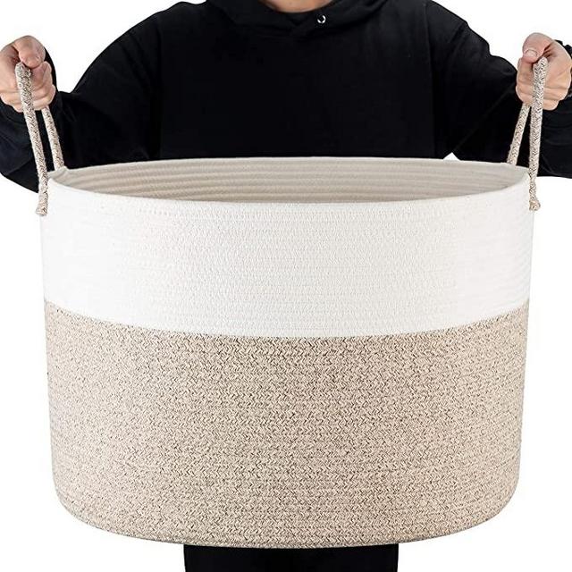 MINTWOOD Design Extra Large 22 x 14 Inches Decorative Cotton Rope Basket, Blanket Basket Living Room, Woven Laundry Basket, Toy Storage Baskets Bin, Round Pillow Towel Basket with Handles