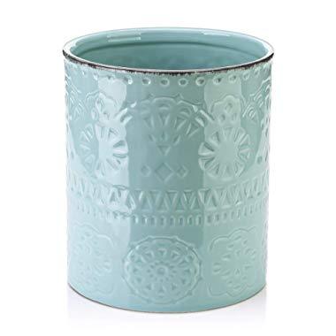 Lifver Fine Embossed Ceramic Crock Utensil Holder, 7.2" x 6.2", Blue
