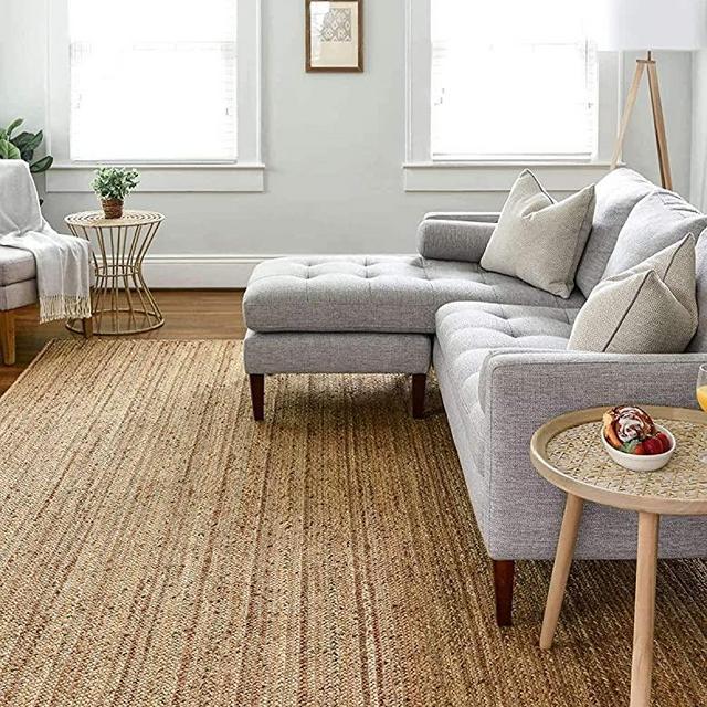 Frelish Decor Handwoven Jute Area Rug- 8x10 Feet Natural Yarn- Rustic Vintage Beige Braided Reversible Rectangular Rugs for Bedroom, Kitchen, Living Room, Farmhouse (8' x 10' Natural)