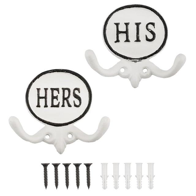 AuldHome His and Hers Towel Hooks (Set of 2); Cast Iron Rustic Farmhouse Decor Door Wall Hangers